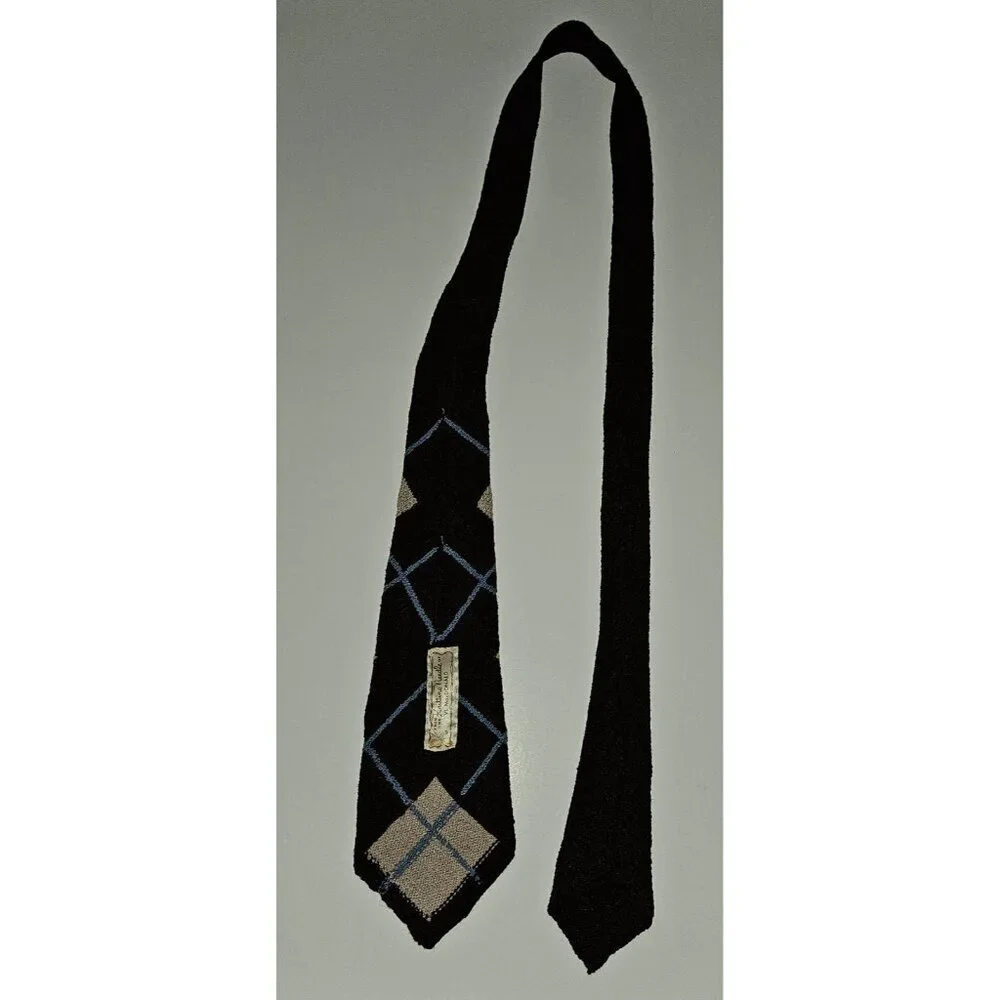 VTG Handmade Knit Neck Tie Argyle Brown Blue Yellow Tan 52